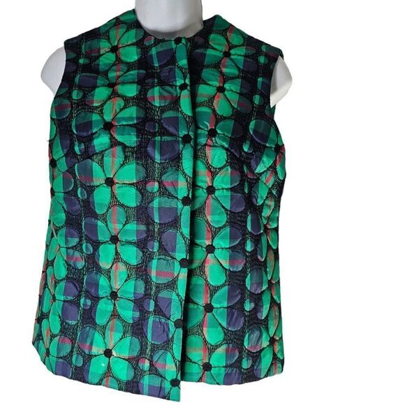 Vintage 70s Vest Womens Size M Green Flower Quilted Polyester Open Front - Picture 4 of 10